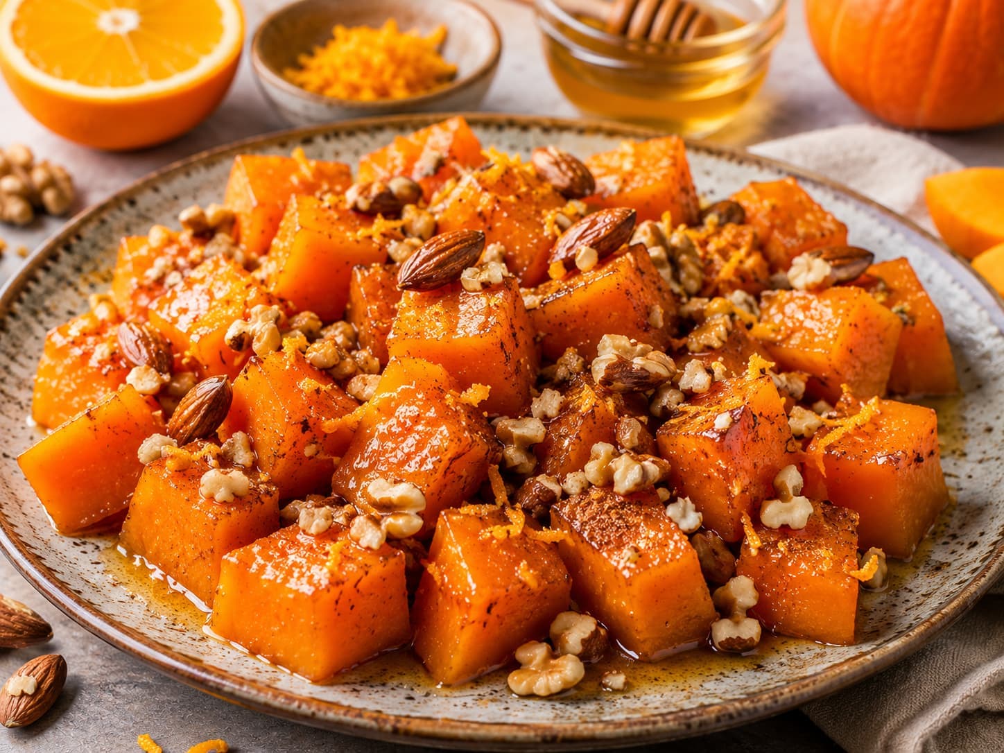 Медовый десерт из тыквы кусочками запеченной в духовке