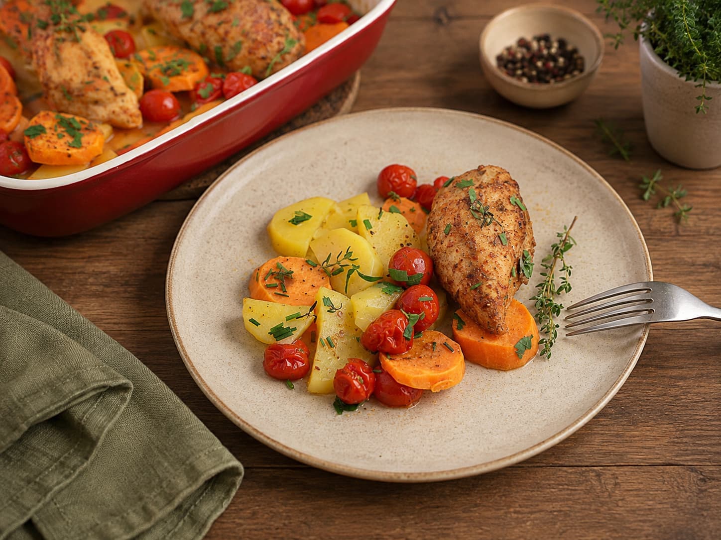 Куриная грудка в духовке с помидорами и картошкой