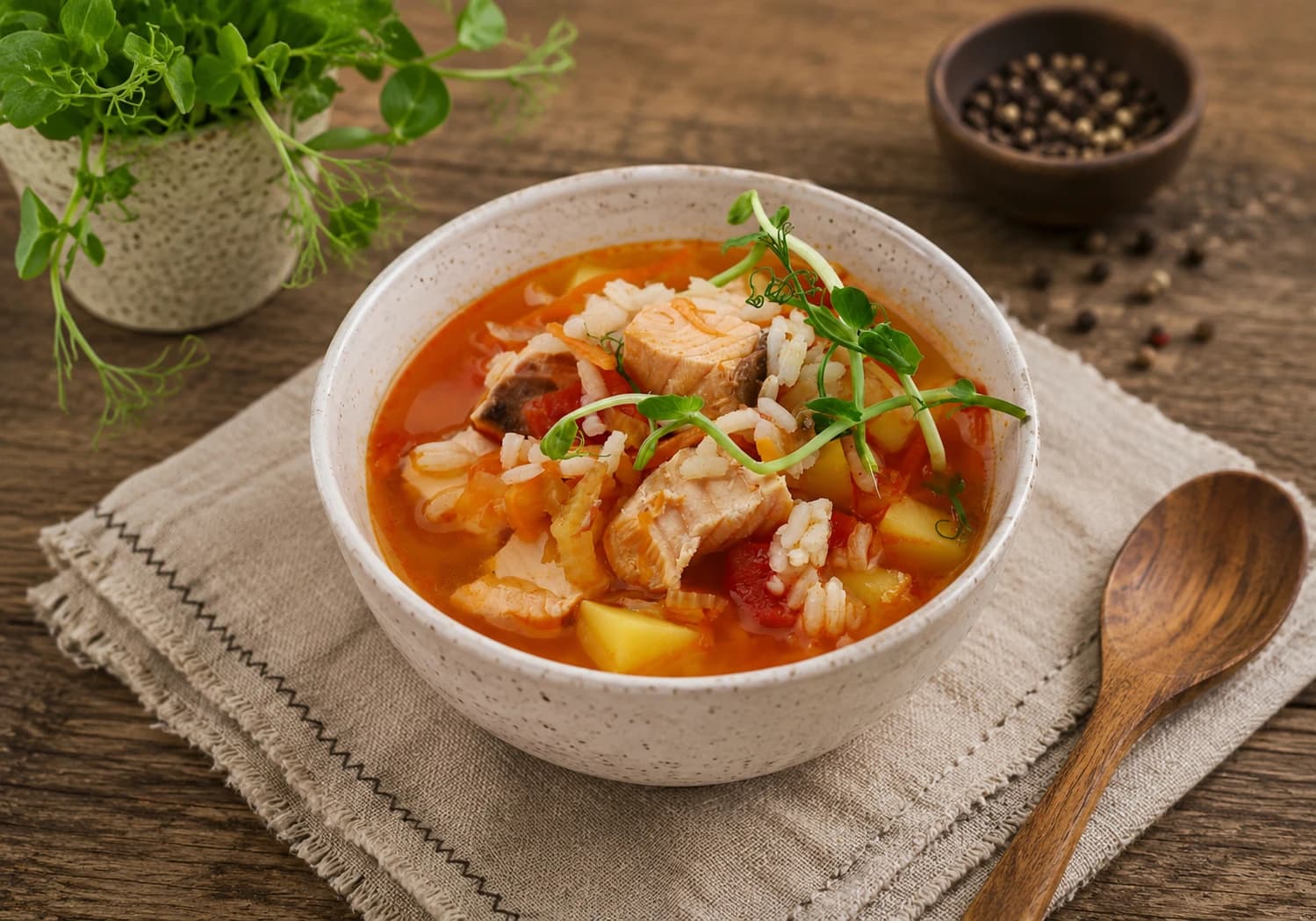 Суп с семгой, рисом, сельдереем и овощами