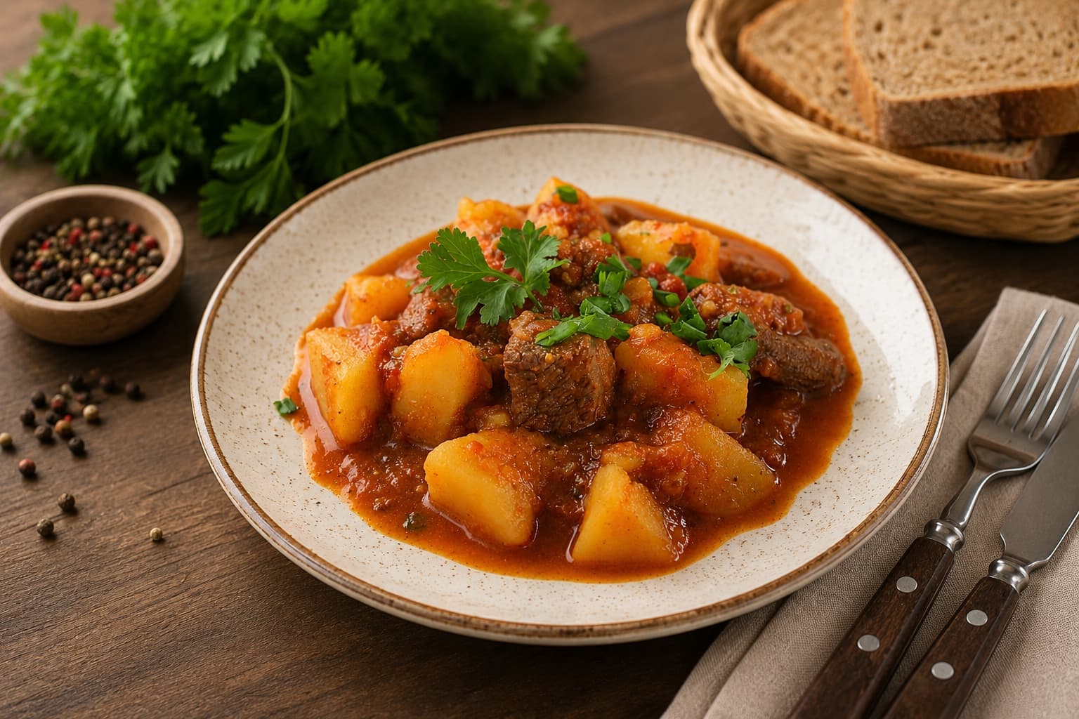 Тушеная говядина с картофелем и помидорами