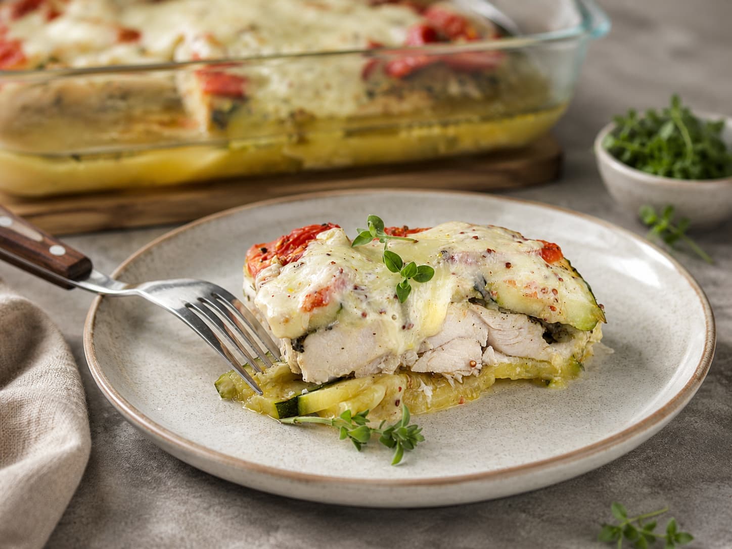 Запеканка из курицы, цукини и томатов