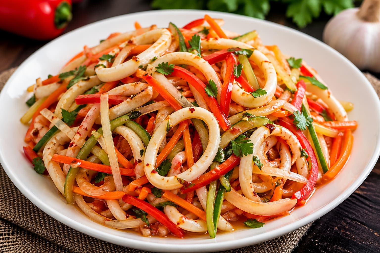 Острый салат с кальмарами