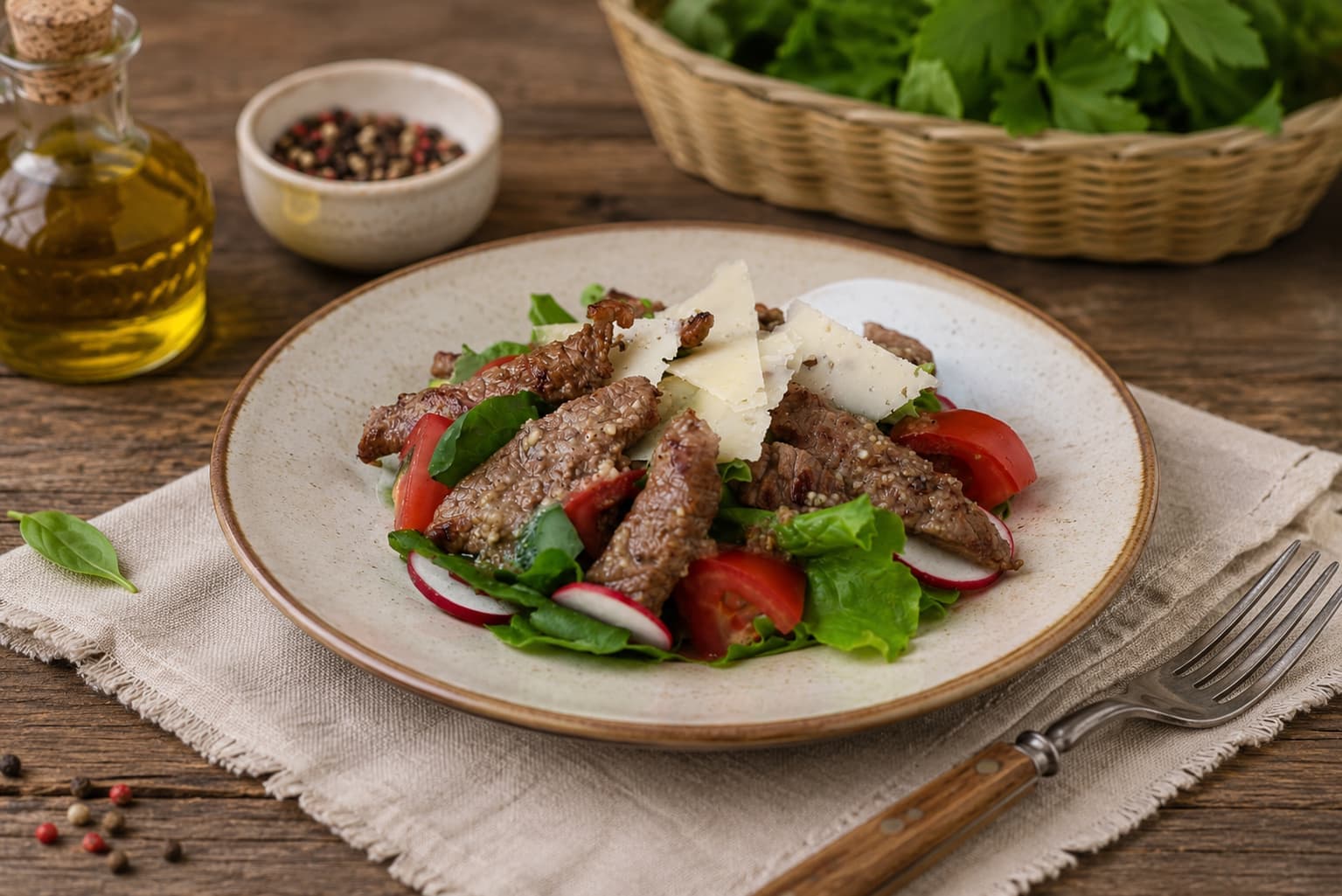 Хрустящий салат с говядиной в ореховом соусе