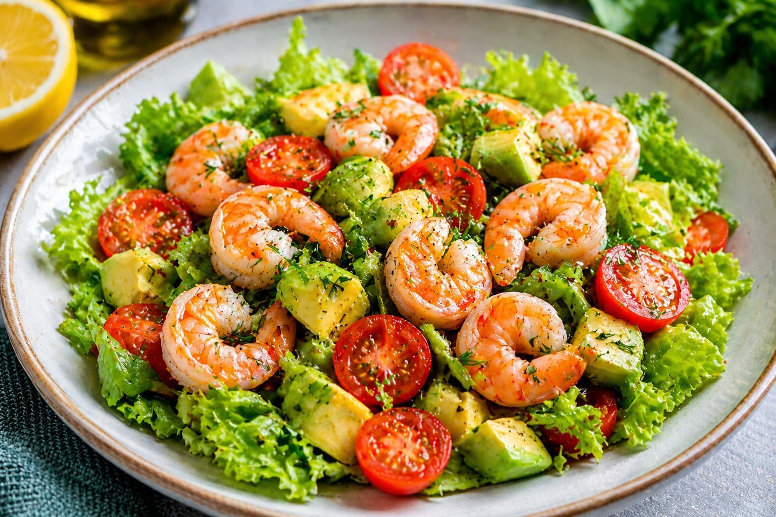 Салат с креветками, авокадо и черри