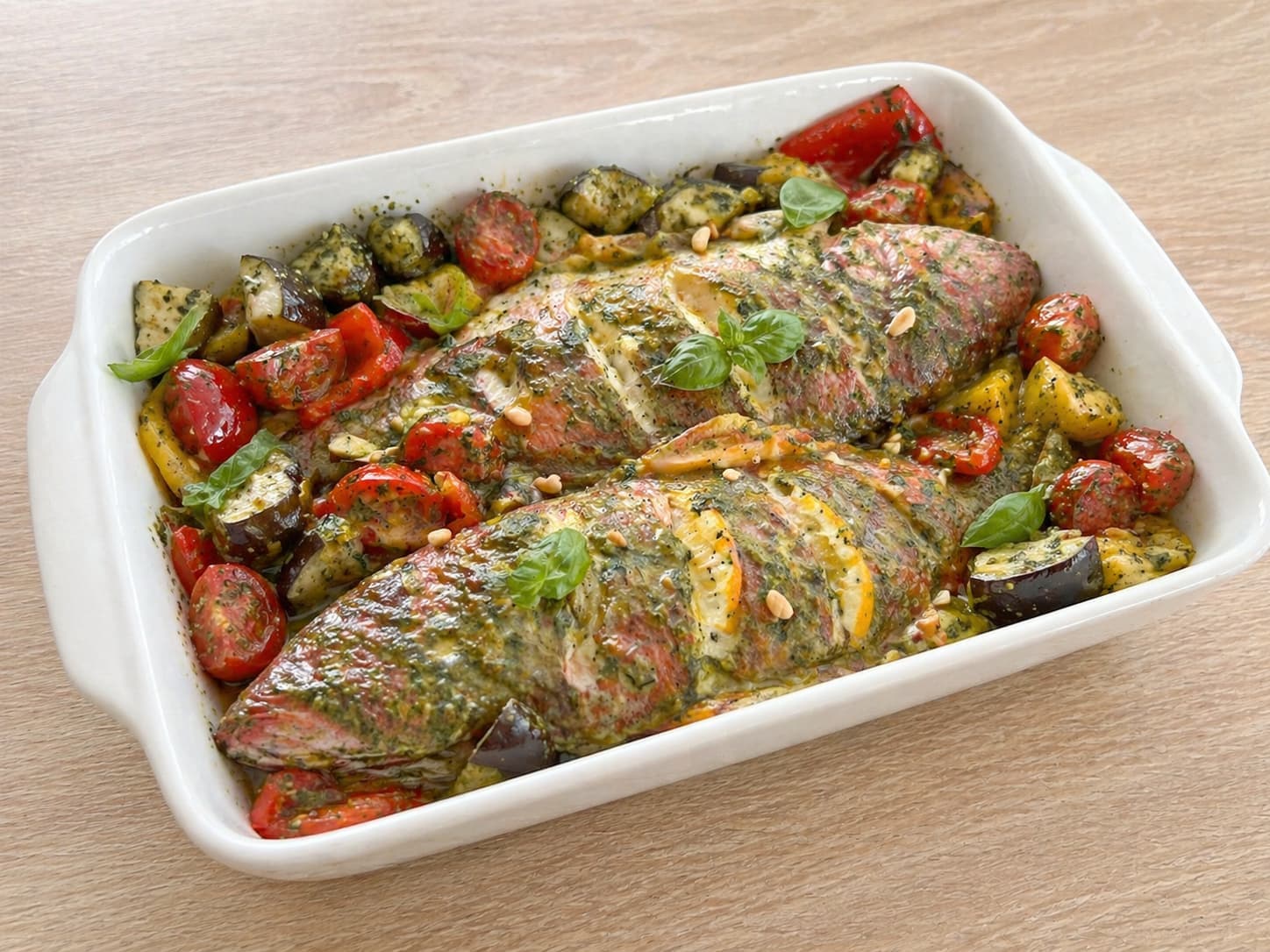 Рыба в соусе песто с овощами