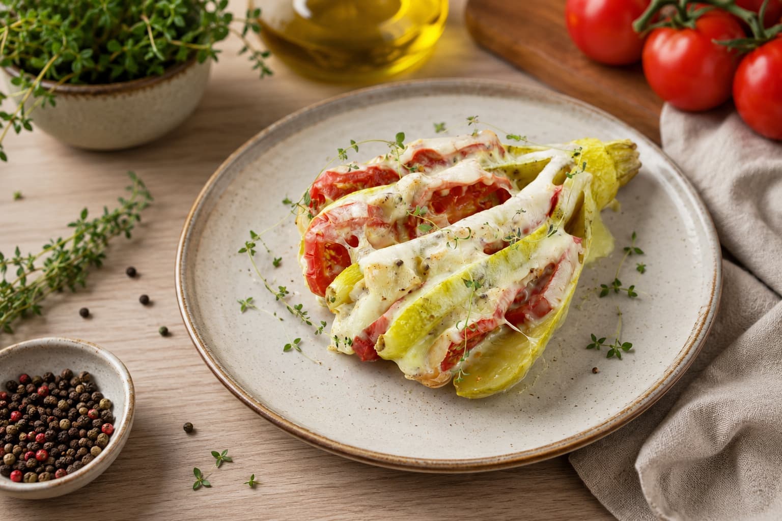 Веер из кабачков с помидорами и курицей