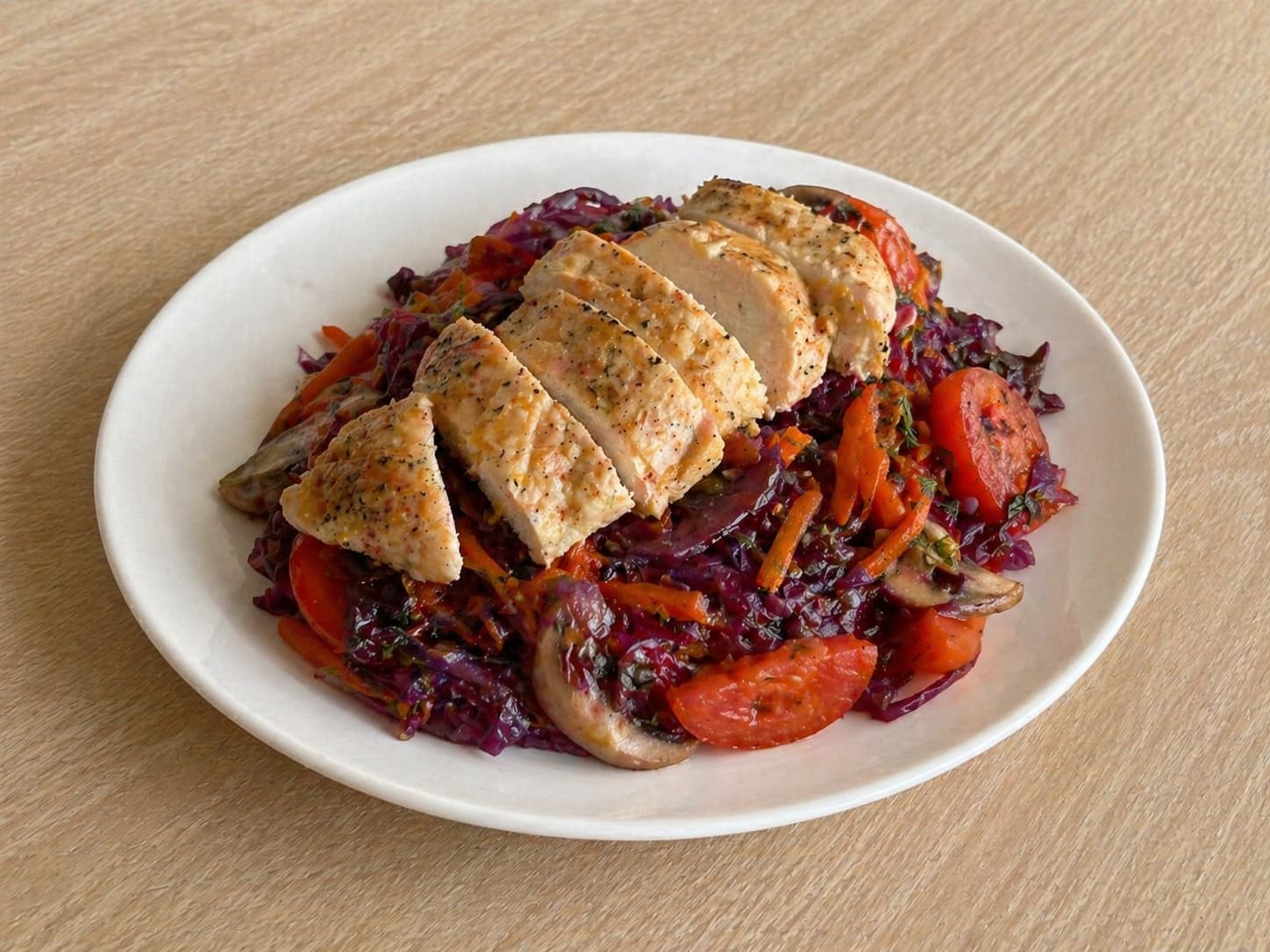 Куриная грудка с краснокочанной капустой, грибами и помидорами