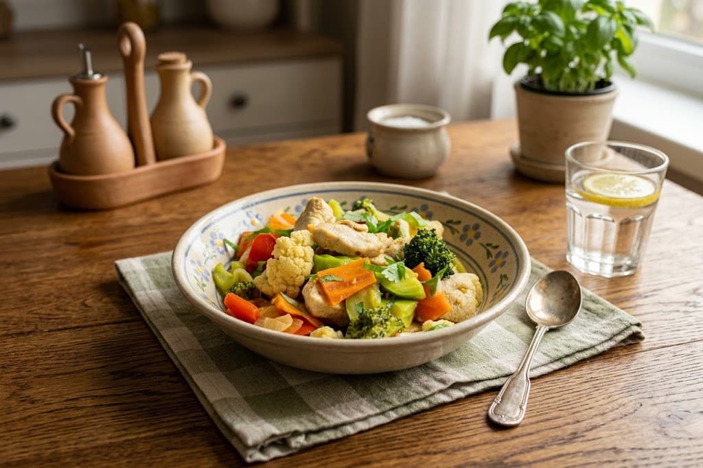 Сочная курица с кабачками, брокколи и овощами в соусе терияки
