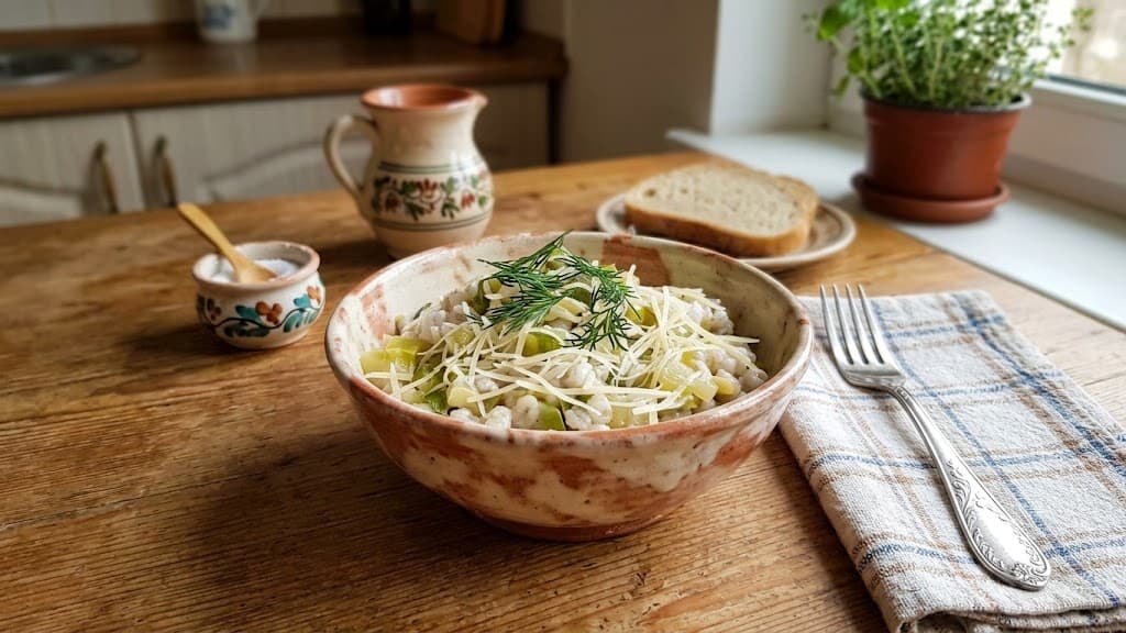 Перловка с кабачками, чесноком и пармезаном